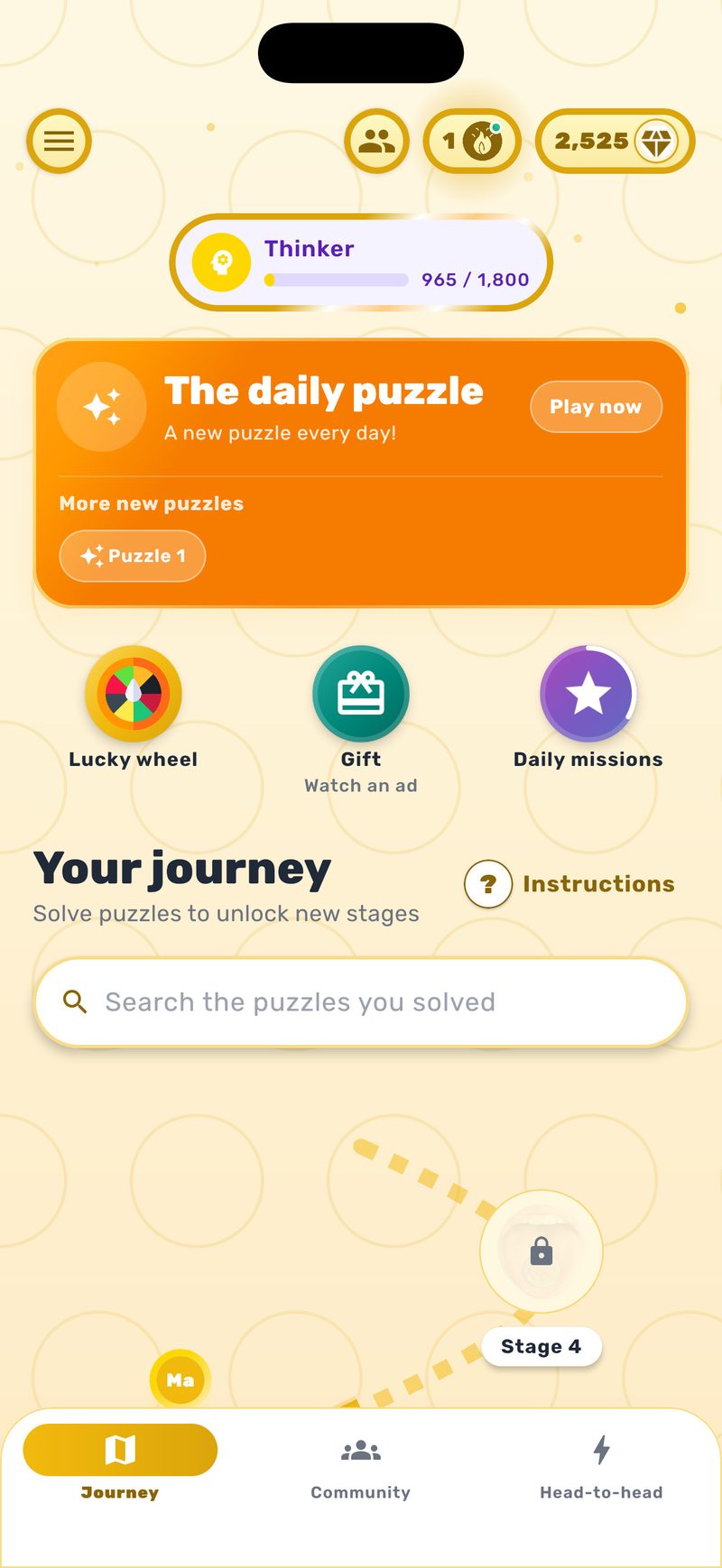 The home screen - the daily riddle, missions, a gift and the lucky wheel